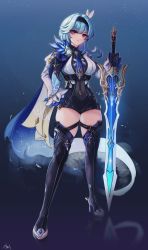 Rule 34 | 1girl, absurdres, black hairband, blue background, blue eyes, blue necktie, bodystocking, boots, breasts, closed mouth, eula (genshin impact), full body, genshin impact, gloves, gmg, greatsword, hair ornament, hairband, hand on own hip, high heels, highres, large breasts, long sleeves, looking at viewer, necktie, purple eyes, solo, standing, sword, thigh boots, thighhighs, thighs, vision (genshin impact), weapon