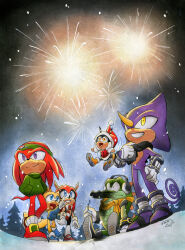 Rule 34 | 6+boys, absurdres, black scarf, blue shirt, burnt face, charmy bee, christmas, espio the chameleon, finik, fireworks, furry, furry male, gloves, green shirt, hands in pockets, hat, highres, knuckles the echidna, mighty the armadillo, multiple boys, night, night sky, outdoors, ray the flying squirrel, santa hat, scarf, shirt, shoes, sitting, sky, sonic (series), vector the crocodile, white gloves