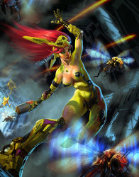 Rule 34 | arman akopian, bodysuit, canister, green eyes, highres, long hair, red hair, robot, science fiction