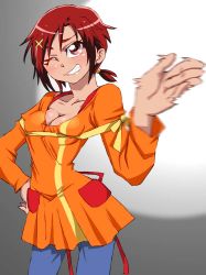 Rule 34 | 1girl, blush, breasts, cleavage, commentary request, graphite (medium), grin, hair ornament, hand on own hip, hino akane (smile precure!), looking at viewer, matching hair/eyes, medium breasts, millipen (medium), one eye closed, onnaski, parted lips, precure, red eyes, red hair, short hair, smile, smile precure!, solo, standing, teeth, traditional media, wink, x hair ornament