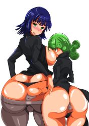 Rule 34 | 2girls, anus, ass, ass focus, bare legs, black dress, blue hair, blush, breast envy, breasts, breasts out, butt crack, dress, fubuki (one-punch man), green eyes, green hair, huge ass, huge breasts, legs apart, lifting own clothes, looking at another, looking at viewer, looking back, multiple girls, no panties, one-punch man, open mouth, partially visible vulva, pussy, pussy peek, shijima (pixiv1182172), shiny skin, siblings, sisters, small breasts, tatsumaki, wide hips