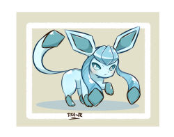 Rule 34 | animal focus, asafiy, blue eyes, blue skin, border, colored skin, commentary request, creatures (company), dot nose, game freak, gen 4 pokemon, glaceon, grey background, highres, ice, nintendo, no humans, pokemon, pokemon (creature), prehensile ribbon, solo, tail, translation request, white border