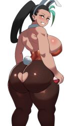 Rule 34 | 1girl, animal ears, ass, ass cutout, back, black hair, blush, breasts, brown pantyhose, butt crack, clothing cutout, cowboy shot, creatures (company), curvy, detached collar, fake animal ears, fake tail, from behind, game freak, green hair, grin, heart cutout, highres, holding, holding poke ball, huge ass, huge breasts, kneepits, leotard, long hair, looking at viewer, looking back, multicolored hair, nemona (pokemon), nintendo, orange eyes, orange leotard, outline, pantyhose, playboy bunny, plump, poke ball, pokemon, pokemon sv, ponytail, rabbit ears, rabbit tail, shiny clothes, shiny legwear, shiny skin, simple background, smile, solo, strapless, strapless leotard, streaked hair, tail, thick thighs, thighs, torn clothes, torn pantyhose, very long hair, white background, ytrall