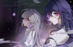 Rule 34 | 2girls, absurdres, bare tree, black hair, bronya rand, bug, butterfly, closed mouth, colored inner hair, crescent moon, earrings, expressionless, facing to the side, grey hair, highres, honkai: star rail, honkai (series), insect, jewelry, linnoko, long hair, looking at viewer, looking back, looking up, moon, multicolored hair, multiple girls, night, night sky, purple butterfly, purple eyes, purple hair, seele (honkai: star rail), sky, tree, yellow eyes