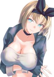 Rule 34 | 1girl, arm under breasts, bandeau, black choker, black gloves, black hairband, blonde hair, blue eyes, breasts, choker, cleavage, commentary request, cosplay, fingerless gloves, gloves, hairband, highres, kantai collection, large breasts, nelson (kancolle), nelson (kancolle) (cosplay), one-hour drawing challenge, race queen, rodney (kancolle), short hair, simple background, solo, tsukasa (tukasa br), white background, white bandeau, wrist cuffs