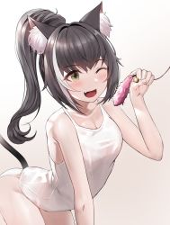Rule 34 | 1girl, animal ear fluff, animal ears, bad id, bad twitter id, bare arms, bare legs, bare shoulders, black hair, blush, cat ears, cat girl, cat tail, cat teaser, collarbone, fang, gradient background, green eyes, highres, holding, karyl (princess connect!), one-piece swimsuit, ponytail, princess connect!, school swimsuit, solo, suou-sensei, swimsuit, tail, white one-piece swimsuit, white school swimsuit