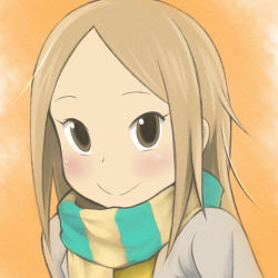Rule 34 | 1girl, brown eyes, kaga rin, light brown hair, long hair, looking at viewer, orange background, orange theme, otosama, portrait, scarf, smile, solo, striped clothes, striped scarf, upper body, usagi drop