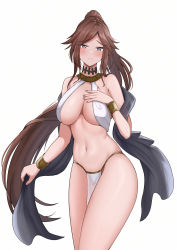 Rule 34 | 1girl, absurdres, bare arms, bare shoulders, bikini, black choker, bracelet, breasts, brown hair, choker, cleavage, closed mouth, commission, cowboy shot, frown, grey eyes, hand on own chest, highres, iro (boo iro), jewelry, khan the swift, large breasts, last origin, long hair, looking at viewer, navel, parted bangs, pelvic curtain, ponytail, revealing clothes, shawl, solo, standing, stomach, swimsuit, thighs, very long hair, white bikini