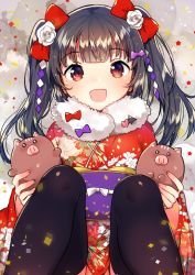 Rule 34 | 1girl, :d, animal, bat hair ornament, black hair, black thighhighs, blunt bangs, blush, boar, bow, brown eyes, chinese zodiac, fingernails, floral print, flower, hair bow, hair flower, hair ornament, holding, holding animal, ichihaya, japanese clothes, kimono, long sleeves, looking at viewer, obi, open mouth, original, print kimono, red bow, red kimono, rose, sash, sitting, smile, solo, thighhighs, twintails, white flower, white rose, year of the pig