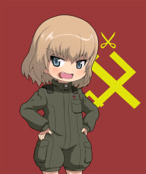 Rule 34 | 10s, 1girl, blonde hair, blue eyes, chocolate, chocolate stain, emblem, fang, food, food on face, girls und panzer, hands on own hips, katyusha (girls und panzer), looking at viewer, military, military uniform, monputi1, pravda (emblem), red background, short hair, short jumpsuit, smile, solo, stain, uniform