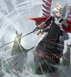 Rule 34 | 1girl, absurdres, akinakesu-chan, animal, animal ear fluff, animal ears, armor, armored boots, boots, closed mouth, cloud, commentary, copyright request, emphasis lines, english commentary, gauntlets, grey hair, grey sky, headpiece, highres, holding, holding sword, holding weapon, horse, horseback riding, outdoors, red eyes, riding, sky, smile, solo, sword, v-shaped eyebrows, weapon