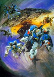 1980s_(style) aeug army battle beam_rifle debris energy_gun explosion gundam gundam_mk_ii highres hyaku_shiki mecha mecha_focus methuss mobile_suit official_art oldschool painting_(medium) retro_artstyle rick_dias robot scan shield space space_habitat space_station takani_yoshiyuki traditional_media v-fin weapon zero_gravity zeta_gundam zeta_gundam_(mobile_suit)