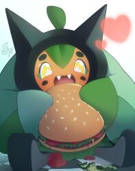 Rule 34 | absurdres, burger, checkered floor, commentary, creatures (company), eating, fangs, food, game freak, heart, highres, hitoridoodles, holding, holding food, lettuce, looking down, nintendo, ogerpon, open mouth, pickle, pokemon, pokemon (creature), signature, sitting, solo, sparkle, star-shaped pupils, star (symbol), symbol-shaped pupils, tomato, tomato slice, yellow eyes