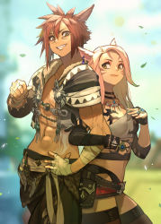 Rule 34 | 1boy, 1girl, warrior of light (ff14), bandaged arm, bandaged hand, bandages, blurry, blurry background, breasts, brown hair, cowboy shot, detached sleeves, facial mark, fictional persona, final fantasy, final fantasy xiv, forehead, hair between eyes, hand on own hip, hide (hideout), highres, locked arms, long hair, looking at another, medium breasts, miqo&#039;te, pink hair, short hair, smile, tattoo, thighhighs, whisker markings, yellow eyes