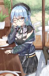 Rule 34 | 1girl, bad id, bad pixiv id, beliatan, beret, bespectacled, black-framed eyewear, black cat, black hat, black skirt, blue eyes, blue hair, bow, cake, cake slice, cat, choker, closed mouth, coffee, collared shirt, commission, cross-laced clothes, cup, dot nose, food, fork, frills, glasses, green bow, hair bow, hat, head rest, highres, hololive, hoshimachi suisei, hoshimachi suisei (casual), indoors, jacket, lace, lace choker, long hair, long sleeves, looking at viewer, neck ribbon, off shoulder, official alternate costume, one eye closed, one side up, pixiv commission, plant, potted plant, ribbon, shirt, skirt, sleeve bow, smile, solo, table, unzipped, virtual youtuber
