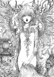 Rule 34 | 1girl, absurdres, alternate wings, angel wings, candlestand, daburoku, fangs, fingernails, flower, greyscale, hair flower, hair ornament, highres, long fingernails, looking at viewer, monochrome, no headwear, no headwear, nude, open mouth, peacock feathers, remilia scarlet, short hair, slit pupils, solo, tattoo, touhou, traditional media, wings