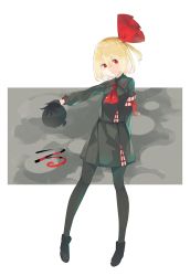 Rule 34 | 1girl, alternate costume, armband, black footwear, black gloves, black legwear, black shirt, black skirt, blonde hair, commentary request, darkness, gloves, hair ribbon, half gloves, highres, long sleeves, o (crazyoton46), outstretched arm, pleated skirt, red eyes, red neckwear, red ribbon, ribbon, rumia, sailor collar, shirt, short hair, skirt, solo, tongue, touhou, white background