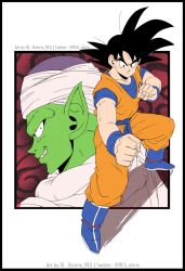 Rule 34 | 2boys, black eyes, black hair, blue footwear, boots, chris re5, clenched hand, colored skin, dougi, dragon ball, dragon ball (classic), evil grin, evil smile, fighting stance, green skin, grin, male focus, multiple boys, piccolo, pointy ears, serious, shadow, smile, son goku, turban, twitter username, wristband
