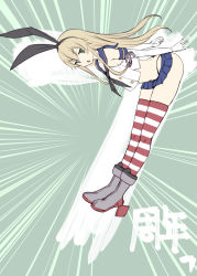 Rule 34 | 1girl, bent over, blonde hair, blue sailor collar, blue skirt, bosshi, commentary request, crop top, elbow gloves, gloves, green eyes, grey footwear, hairband, highres, kantai collection, long hair, microskirt, open mouth, sailor collar, shimakaze (kancolle), skirt, sleeveless, solo, striped clothes, striped thighhighs, thighhighs, white gloves
