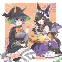 Rule 34 | 293mof, 2girls, animal ears, black gloves, black headwear, black robe, black skirt, blue eyes, bow, bowtie, braid, braided ponytail, brooch, brown hair, candy, ears through headwear, fang, food, glass, gloves, grey hair, grey shirt, hair over one eye, halloween, halloween bucket, hat, highres, holding, holding wand, horse ears, jewelry, kneeling, long hair, looking at another, low ponytail, magic, multiple girls, open mouth, puffy short sleeves, puffy sleeves, purple eyes, rice shower (make up vampire!) (umamusume), rice shower (umamusume), robe, shirt, short sleeves, silk, sitting, skirt, smile, spider web, striped clothes, striped thighhighs, thighhighs, umamusume, wand, witch hat, zenno rob roy (magically gifted hero) (umamusume), zenno rob roy (umamusume)