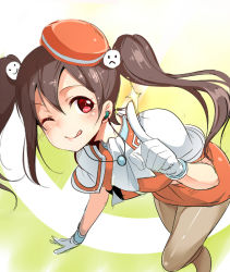 Rule 34 | 10s, 1girl, ;q, ajishio, black hair, black pantyhose, blush, earbuds, earphones, gloves, hair ornament, hat, jewelry, looking at viewer, love live!, love live! school idol project, necklace, one eye closed, pantyhose, pointing, red eyes, skirt, smile, solo, sparkle, tongue, tongue out, twintails, yazawa nico
