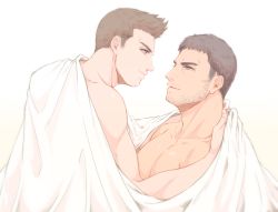 Rule 34 | 2boys, bara, black hair, brown hair, chris redfield, closed mouth, couple, facial hair, highres, komatta (jammochi), large pectorals, looking at another, male focus, multiple boys, muscular, muscular male, nude, parted lips, pectorals, piers nivans, resident evil, resident evil 6, short hair, sideburns, under covers, yaoi