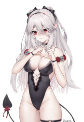 Rule 34 | 1girl, absurdres, animal ears, arm strap, bare shoulders, bella (vtuber), black bow, black choker, black leotard, blush, bow, breasts, cameltoe, choker, cleavage, cleft of venus, closed mouth, covered navel, cowboy shot, demon girl, demon tail, ear piercing, earrings, fang, flower, grey hair, groin, hair between eyes, hair bow, hair ornament, hairband, heart, heart hands, highleg, highleg leotard, highres, horns, indie virtual youtuber, jewelry, lace trim, large breasts, leotard, long hair, looking at viewer, michoart, piercing, pointy ears, red eyes, red flower, red rose, rose, simple background, skindentation, solo, standing, tail, tail ornament, thigh gap, thigh strap, thighs, twintails, twitter username, two side up, virtual youtuber, white background, white hair, wristband