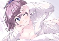 Rule 34 | 1girl, aoba (kancolle), blue eyes, blush, breasts, cleavage, dress shirt, finger frame, kantai collection, large breasts, long hair, looking at viewer, mikage takashi, one eye closed, pink hair, ponytail, scrunchie, shirt, smile, solo