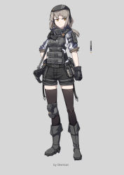 Rule 34 | 1girl, absurdres, armor, beret, blonde hair, boots, chinese commentary, commentary request, explosive, full body, gas mask, gloves, grenade, gun, hand on own hip, handgun, hat, headphones, highres, holstered, knee pads, load bearing equipment, mask, original, pistol, sherman (egnk2525), short shorts, shorts, simple background, single knee pad, smoke grenade, solo, standing, submachine gun, tachi-e, thighhighs, weapon, yellow eyes