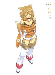 Rule 34 | 1girl, animal ears, breasts, chaps, character request, check character, cleavage, closed mouth, color guide, crossed arms, denchuubou, from above, light brown hair, long sleeves, medium hair, orange eyes, original, scarf, shoes, simple background, solo, standing, tail, white background, zipper