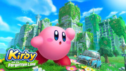 Rule 34 | awoofy, bird, blue eyes, blue sky, blush, blush stickers, building, car, city, cloud, copyright name, day, english text, flower, grass, highres, kirby, kirby (series), kirby and the forgotten land, moss, motor vehicle, nature, nintendo, no humans, official art, open mouth, outdoors, overgrown, road sign, ruins, rust, satellite dish, scenery, shading eyes, sign, sky, skyscraper, solo, tower, tree, watermark, window