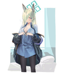 Rule 34 | 1girl, animal ear fluff, animal ears, armband, bed, black bra, black jacket, black pantyhose, blonde hair, blue archive, blue eyes, blue necktie, blue shirt, bra, breasts, cleavage, collared shirt, extra ears, hair over one eye, halo, highres, jacket, kanna (blue archive), large breasts, long hair, looking to the side, necktie, ningen (ningen96), no pants, notched ear, off shoulder, pantyhose, partially unbuttoned, shirt, solo, standing, underwear