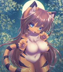 Rule 34 | 1girl, :3, animal ear fluff, animal ears, backlighting, blue eyes, body fur, breasts, claw pose, fangs, female focus, full moon, furry, furry female, head tilt, highres, large breasts, long hair, looking at viewer, moon, multicolored fur, navel, no nipples, nude, open mouth, orange fur, original, outdoors, pawpads, racal ra, solo, striped fur, tail, tiger ears, tiger girl, tiger tail