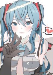 Rule 34 | 1girl, bare shoulders, black gloves, blue eyes, blue hair, blue necktie, blush, closed mouth, collared shirt, commentary request, dress shirt, elbow gloves, gloves, gradient neckwear, grey background, grey shirt, hair between eyes, hatsune miku, heart, highres, holding, holding hair, long hair, looking at viewer, necktie, shirt, shoulder tattoo, simple background, sleeveless, sleeveless shirt, smile, solo, spoken heart, tattoo, turn3341, twintails, vocaloid, white background, yellow necktie