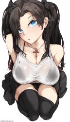 Rule 34 | 1girl, bare shoulders, black hair, blue eyes, bow, breasts, cross, cross necklace, fate/stay night, fate (series), hair bow, hair ornament, highres, jewelry, kilalesi, kneeling, large breasts, long hair, looking at viewer, necklace, open mouth, simple background, skirt, solo, thighhighs, thighs, tohsaka rin
