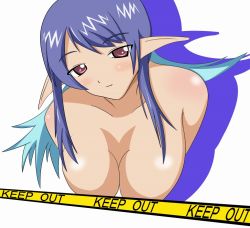 Rule 34 | 00s, 1girl, :3, blue hair, caution tape, censored, judith (tales), keep out, looking at viewer, mametti, nude, pointy ears, red eyes, simple background, solo, tales of (series), tales of vesperia, white background