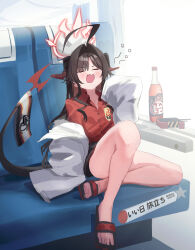 Rule 34 | 1girl, ahoge, black hair, black horns, blue archive, blush, bottle, closed eyes, demon horns, fang, hair intakes, higashigure, highres, horns, kasumi (blue archive), lab coat, long hair, open mouth, red shirt, sandals, shirt, sitting, sleeves past wrists, solo, tail, train interior