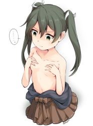 Rule 34 | ..., 1girl, blush, breasts, brown hakama, collarbone, empty eyes, green eyes, green hair, hair between eyes, hair ribbon, hakama, hakama skirt, japanese clothes, kantai collection, long hair, okitarou (okiyo), ribbon, shaded face, skirt, small breasts, solo, speech bubble, spoken ellipsis, twintails, twitter username, white background, white ribbon, zuikaku (kancolle)