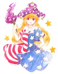 Rule 34 | 1girl, alternate eye color, american flag dress, bad id, bad pixiv id, blonde hair, blush, clownpiece, dress, fire, hand on own hip, hand up, hat, highres, jester cap, long hair, looking at viewer, open mouth, orange eyes, painting (medium), purple fire, round teeth, short sleeves, simple background, smile, solo, star (symbol), tama (hiroshige 36), teeth, torch, touhou, traditional media, upper body, very long hair, watercolor (medium), white background