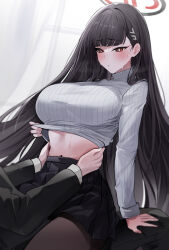 Rule 34 | 1boy, 1girl, absurdres, black hair, black pantyhose, black skirt, blue archive, blunt bangs, blush, breasts, clothes lift, girl on top, hair ornament, hairclip, halo, highres, large breasts, long hair, long sleeves, navel, pantyhose, pleated skirt, red eyes, rio (blue archive), sensei (blue archive), skirt, solo focus, sweat, sweater, sweater lift, turtleneck, turtleneck sweater, very long hair, white sweater, yuki (asayuki101)