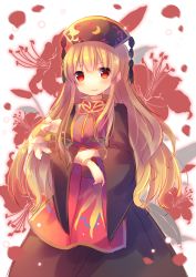 Rule 34 | 1girl, bad id, bad twitter id, black dress, blonde hair, chinese clothes, coa (chroo x), dress, flower, hat, junko (touhou), lily (flower), long hair, long sleeves, petals, red eyes, ribbon, sash, sketch, smile, solo, tabard, touhou, very long hair, wide sleeves