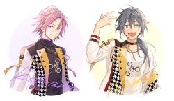Rule 34 | 2boys, black choker, blue eyes, choker, circle, closed mouth, commentary, ensemble stars!, grey hair, hair between eyes, high collar, houndstooth, jacket, jacket partially removed, jewelry, long sleeves, male focus, multiple boys, necklace, open clothes, open jacket, open mouth, oukawa kohaku, pink hair, ponytail, purple eyes, ring, seuga, shiina niki, shirt, short hair, short sleeves, smile, split mouth, t-shirt, teeth, unmoving pattern, upper body, upper teeth only, white background
