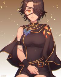 Rule 34 | 1girl, artist name, bandaged arm, bandages, belt, belt buckle, black belt, black capelet, black jumpsuit, breasts, brown hair, buckle, capelet, cinder fall, closed mouth, crying, crying with eyes open, eyepatch, jumpsuit, kio rojine, looking at viewer, medium breasts, rwby, short hair, sitting, solo, tears, wristband, yellow eyes