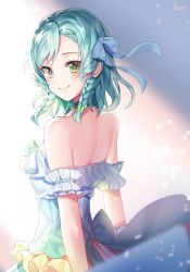 Rule 34 | 1girl, aqua hair, arm cuffs, back, back bow, bang dream!, bare shoulders, blue ribbon, blurry, blurry foreground, blush, bow, braid, breasts, choker, commentary request, dress, facing viewer, from behind, green bow, green choker, green dress, green eyes, hair bow, hair ribbon, hikawa hina, idol clothes, medium breasts, posom, ribbon, shade, short hair, side braids, sidelocks, signature, smile, solo, standing, strapless, strapless dress, swept bangs, upper body