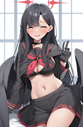 Rule 34 | 1girl, absurdres, black bra, black choker, black gloves, black hair, black shirt, black skirt, blue archive, blush, bra, breasts, choker, closed eyes, commentary request, gloves, hair ornament, hairclip, halo, hand up, highres, ichika (blue archive), large breasts, long hair, long sleeves, low wings, navel, parted lips, pleated skirt, red halo, shirt, sitting, skirt, smile, solo, stomach, suiroh (shideoukami), thighs, underwear, wings