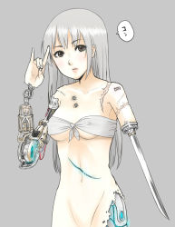 Rule 34 | 1girl, \m/, android, bandeau, bigoru, blade, blush, bottomless, breasts, brown eyes, bullet hole, covered erect nipples, cuts, damaged, deep wound, female focus, front-tie top, glowing, grey background, grey eyes, groin, injury, lips, long hair, looking at viewer, mecha musume, mechanical parts, navel, original, out-of-frame censoring, parted lips, scar, silver hair, simple background, solo, speech bubble, standing, stitches, tattoo, text focus, translated, underboob