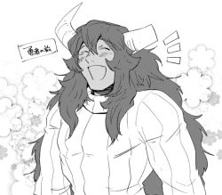 Rule 34 | 1boy, broken horn, dark skin, dark-skinned male, demon horns, fang, floral background, greyscale, horns, long hair, male focus, maou (mitosansan), mitosansan, monochrome, original, ribbed sweater, smile, solo, sweater, translation request, upper body