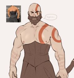 Rule 34 | 1boy, bald, bara, bare pectorals, beard, black corset, corset, cowboy shot, facial hair, frown, god of war, head tattoo, highres, holding, holding weapon, kratos (god of war), large pectorals, looking at viewer, male focus, mature male, muscular, muscular male, nipples, parody, parody request, pectorals, reference inset, sadmishutka, sanpaku, solo, thick eyebrows, thick mustache, weapon