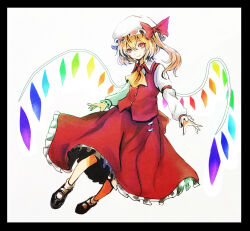 Rule 34 | 1girl, adapted costume, ascot, black border, black footwear, border, bow, buttons, closed mouth, collared shirt, flandre scarlet, frilled skirt, frills, full body, haiki (hakkyoii06), hair bow, hat, light smile, long skirt, long sleeves, looking at viewer, mary janes, mob cap, multicolored wings, one side up, red bow, red eyes, red ribbon, red skirt, red vest, ribbon, ribbon-trimmed headwear, ribbon trim, shirt, shoes, skirt, sleeve ribbon, socks, solo, touhou, vest, white background, white socks, wings, yellow ascot