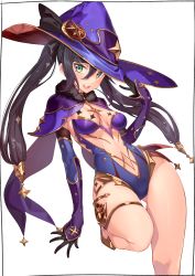 Rule 34 | 1girl, black gloves, black hair, blue cape, blue hat, blue leotard, breasts, cape, choker, detached sleeves, elbow gloves, fur collar, genshin impact, gloves, gold trim, green eyes, hat, hat ornament, highleg, highleg leotard, highres, kei (soundcross), leotard, long hair, looking at viewer, medium breasts, mona (genshin impact), navel, open mouth, simple background, smile, solo, thighlet, thighs, twintails, white background, witch hat